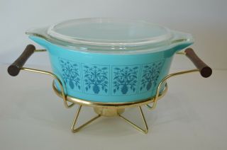 Vintage Pyrex Saxony 475 " Tree Of Life " Turquoise Blue With Cradle Lid