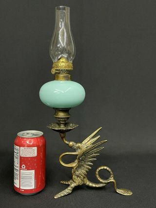 Miniature Antique C.  1900 Opaque Blue Glass Oil Lamp On Bronze Griffin Base