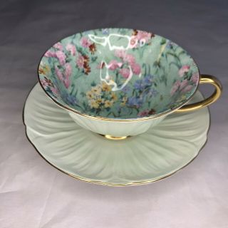 Shelley England Oleander Shape Melody Chintz Green Tea Cup And Saucer Numbered