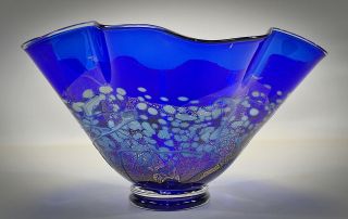 Opal Art Glass Studio Signed Cobalt Freeform Art Glass Centerpiece Bowl Stunning