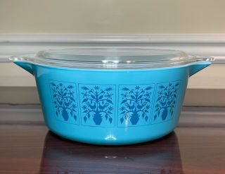Htf Turquoise Pyrex Saxony Tree Of Life 475 - B 2.  5 Qt.  Casserole Dish With Lid