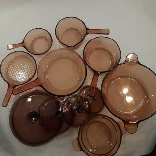 11 Piece Corning Ware Visions Amber Cookware Pots Pans Pyrex Lids