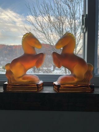 Vintage Glass Horse Bookends Le Smith Glass Amber Satin Rearing Horses Figures