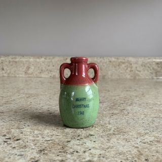 Uhl Pottery Stoneware Red Green Miniature Jug Stamped Merry Christmas 1941