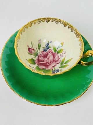 Aynsley Kelly Green Cabbage Rose Teacup Tea Cup & Saucer Footed Gorgeous Flawed