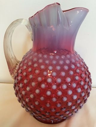 Fenton Art Glass Cranberry Opalescent Hobnail Ice Lip 9 1/2 " Pitcher