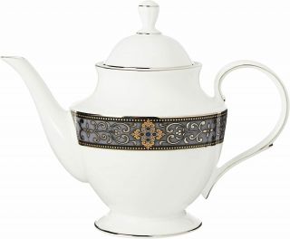Lenox Vintage Jewel Platinum Banded Bone China Teapot,  White And Platinum