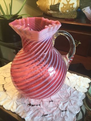 Cranberry Swirl Opalescent Glass Ruffled 3 Spouts Water Pitcher Clear Handle