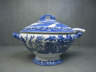 Antique Staffordshire Blue Willow Soup Tureen With Lid And Ladle