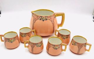 Antique Limoges Hand Painted Apple Cider Set Pitcher With 6 Cups