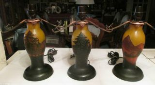 (3) Vintage French Galle Style Forest Scene Cameo Glass Lamp 