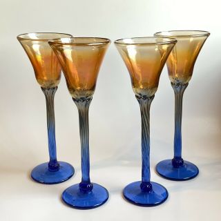 4 Rick Strini Wine Water Goblets Cobalt Blue Iridescent Orange Glass 10” Signed