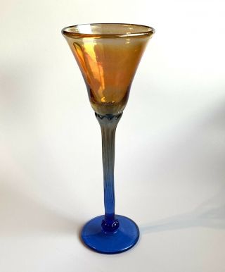 4 Rick Strini Wine Water Goblets Cobalt Blue Iridescent Orange Glass 10” Signed 2
