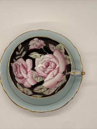 Paragon Pink Rose Double Warrant Teacup And Saucer - Blue Shaded Plate & Cup Base