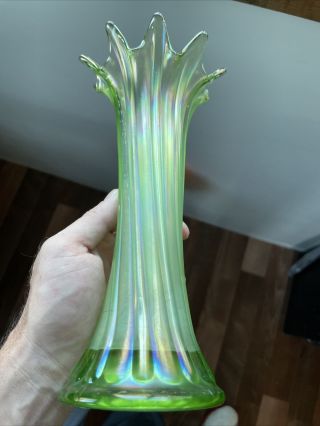 Antique Northwood Carnival Glass Ice Green Thin Rib 10” Tall Vase 5” Wide Top
