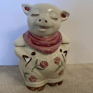Vintage Shawnee Pottery Smiley Pig Pink Scarf Flowers Cookie Jar 1940s