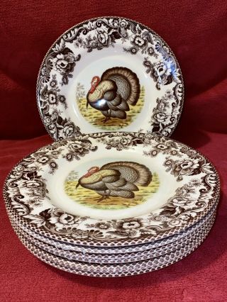 6 Spode Woodland Turkey Game Bird 10.  5/8” Dinner Plates Made In England
