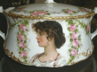French Rare Antique Limoges T&v Woman Portrait Covered Dish Centerpiece Signed