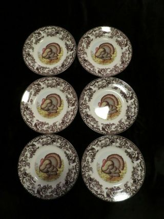6 Spode Woodland Turkey Game Bird 10.  5/8” Dinner Plates Made In England Perfect