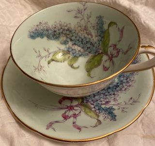 Paragon Lilac 36496/2 Double Warrant Green Background Gold Trim Cup & Saucer Set