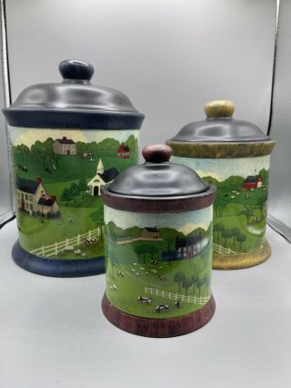 ⭐️ VALERIE PILLOW FOLK ART AMERICANA RURAL COUNTRY FARM CANISTERS CONTAINERS ⭐️ 2