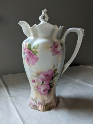 Antique Rs Prussia Porcelain Chocolate Pot Pink Rose - Great
