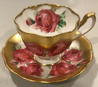 Queen Anne Big Cabbage Roses And Heavy Gold Cup And Saucer / Teacup