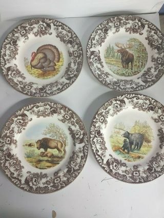 Spode Woodland Set Of 4 Dinner Plates - Turkey,  Bison,  Black Bear,  Moose