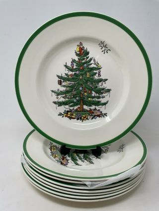 Set Of 8 Vintage Spode Christmas Tree Dinner Plates 10 1/2 "
