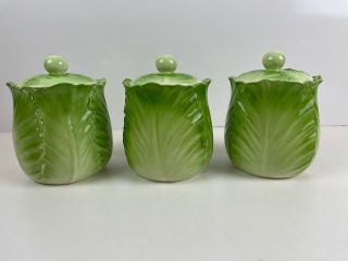 Vintage Otagiri Green Cabbage Leaf 3 Small Canisters 6 " Silicone Seal Lids
