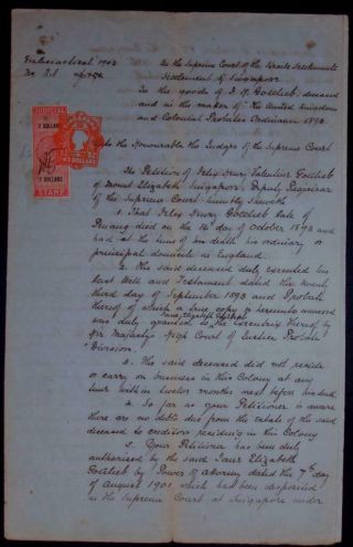Straits Settlements Singapore Document Revenue 1902 Felix Gottlieb Fiscal