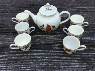 Lenox Winter Greetings Red Cardinal Tea Set - Teapot And 6 Cups