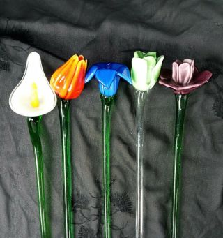 5 Vintage Art Glass Murano Style Hand Blown Flowers 1 Clear Stem All About 11”