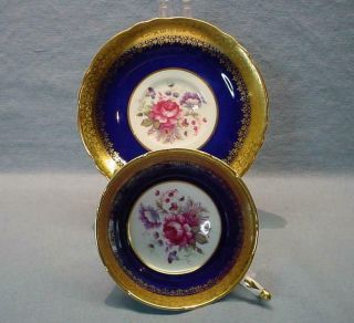 Vintage Paragon Cobalt Blue Rose Bouquet Teacup & Saucer - Heavy Gold - Minty