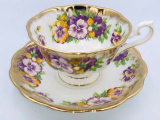 Vintage Royal Albert Gold Purple Yellow Pansies Bone China Tea Cup & Saucer