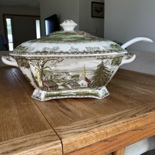 Johnson Bros " The Friendly Village " - Rectangular Soup Tureen With Lid And Ladel