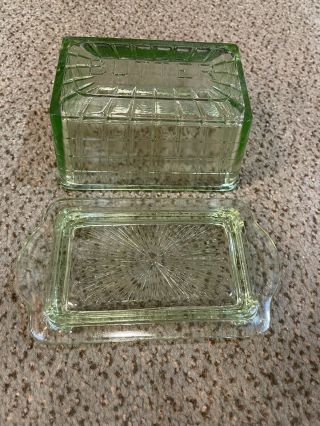 Vintage Anchor Hocking Green Block Optic Depression Uranium Glass Butter Dish