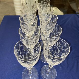 Wow 10 Vintage Etched Art Deco Glass Wine Glasses Libby Or Lancaster 7 3/4”￼