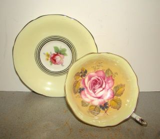 Paragon Cup W/ Large Pink Rose On Yellow & Mismatched Saucer