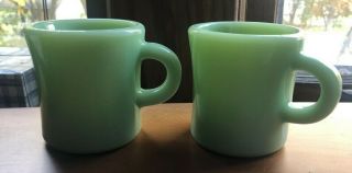 Pair 2 Jadeite Fire King C Handle Mugs Cups 3.  5 " Heavy Thick