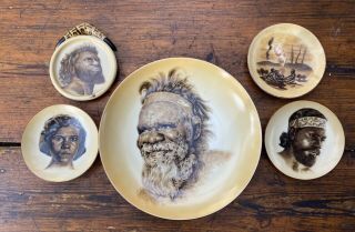 Set Of 5 Brownie Downing Australian Aboriginal Plates Including Scarce Large One