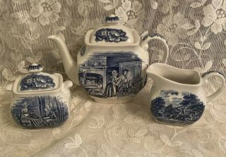 Vintage Liberty Blue Historic Colonial Scenes Tea Set Tea Pot Creamer & Sugar
