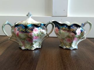 Stunning Antique Rs Prussia Sugar And Creamer Set Blue Pink Roses Wow