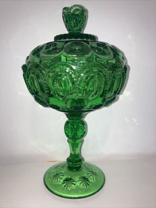 Vintage Lg Wright Moon And Star Green Covered Jelly 10” Christmas Candy Dish