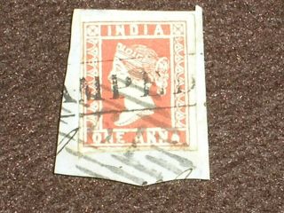 1854 India Stamps Qv One Anna Deep Red Die Iii Sg15 On Piece Fine