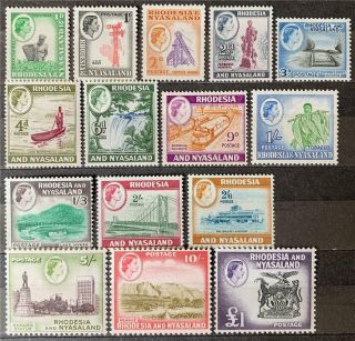 Rhodesia & Nyasaland.  Qe Ii Definitive Stamp Set.  Sg18/31.  1959.  Ets278