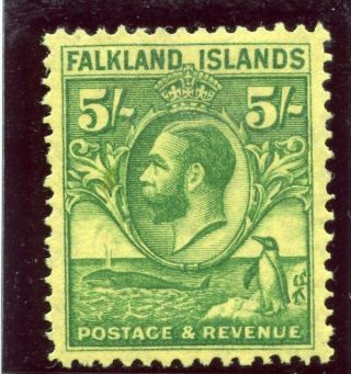 Falkland Islands 1929 " Whale & Penguin " 5s Green/yellow Mlh.  Sg 124.  Sc 62.