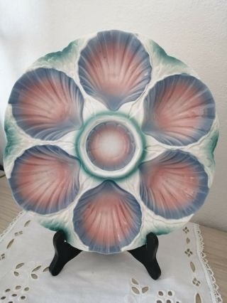 Antique French Majolica Oyster Plate / Digoin France Pink & Blue