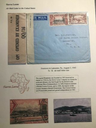 1943 Freetown Sierra Leone Airmail Censored Cover To Rev Shelley Lancaster Usa