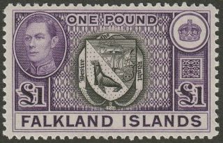 Falkland Islands 1944 Kgvi £1 Grey - Black And Bluish Violet Sg163 Cat £130